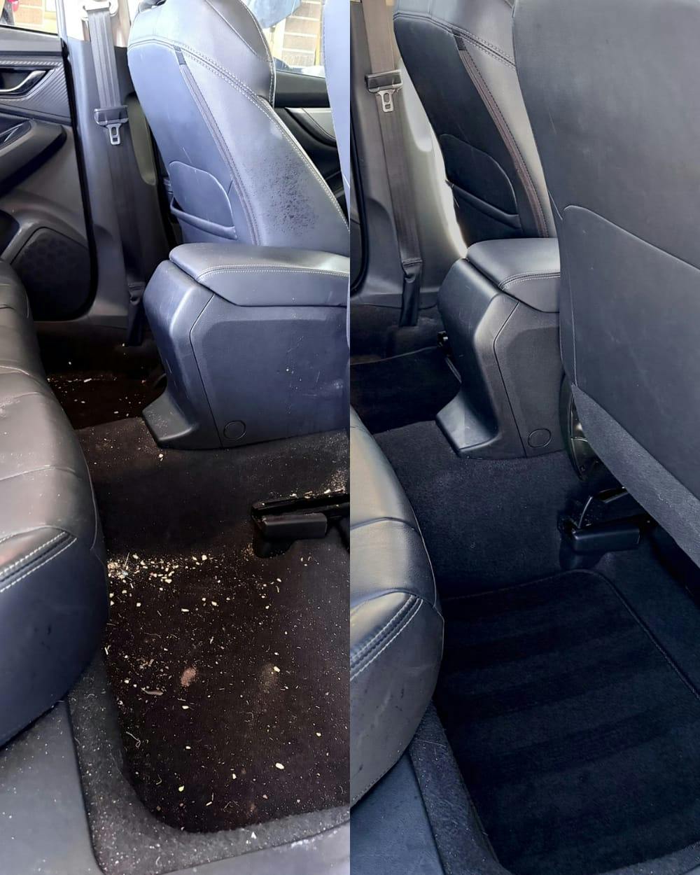 Muddy interior seats deep cleaned, before and after
